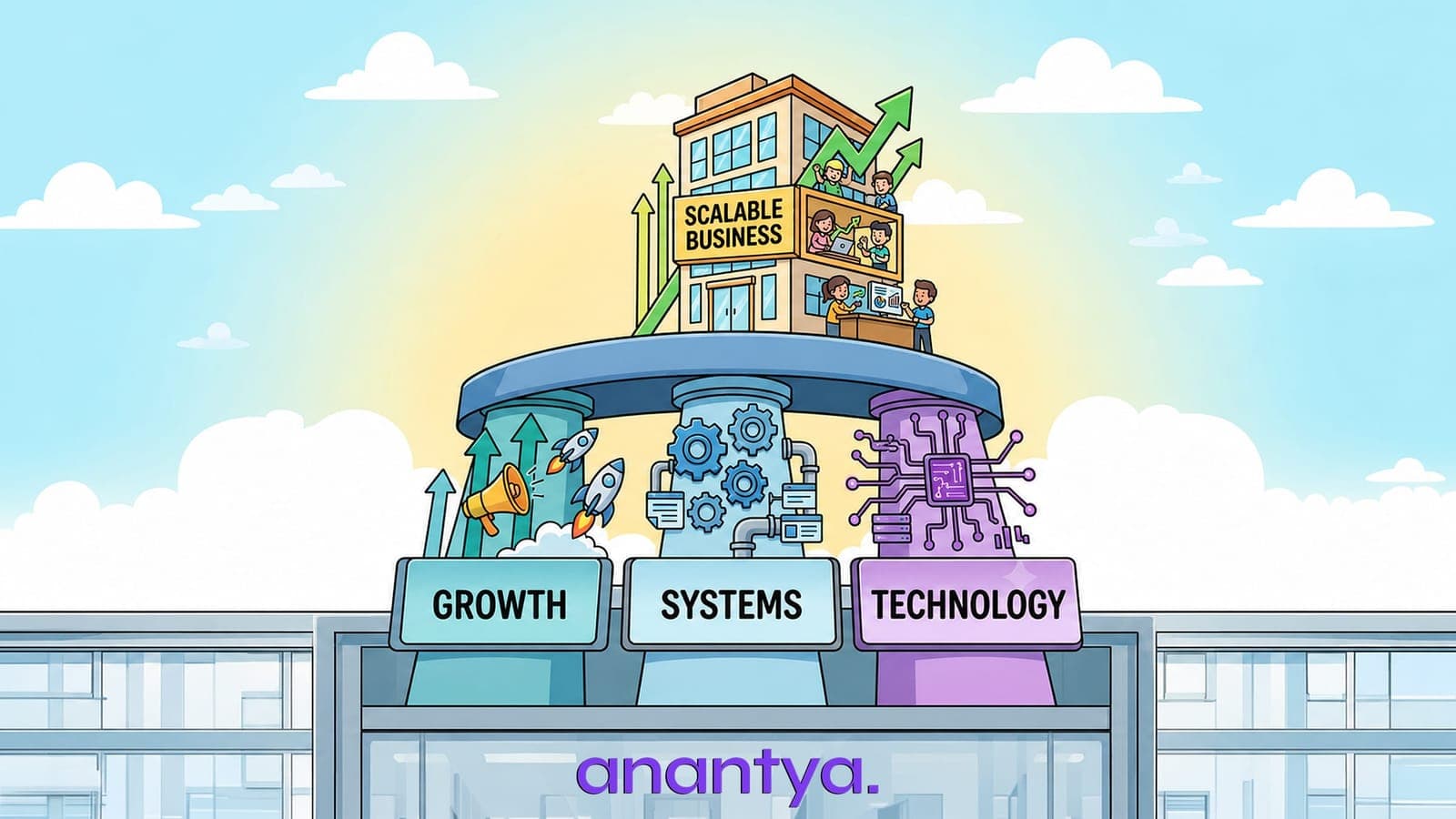Illustration of a scalable business built on three pillars — Growth, Systems and Technology