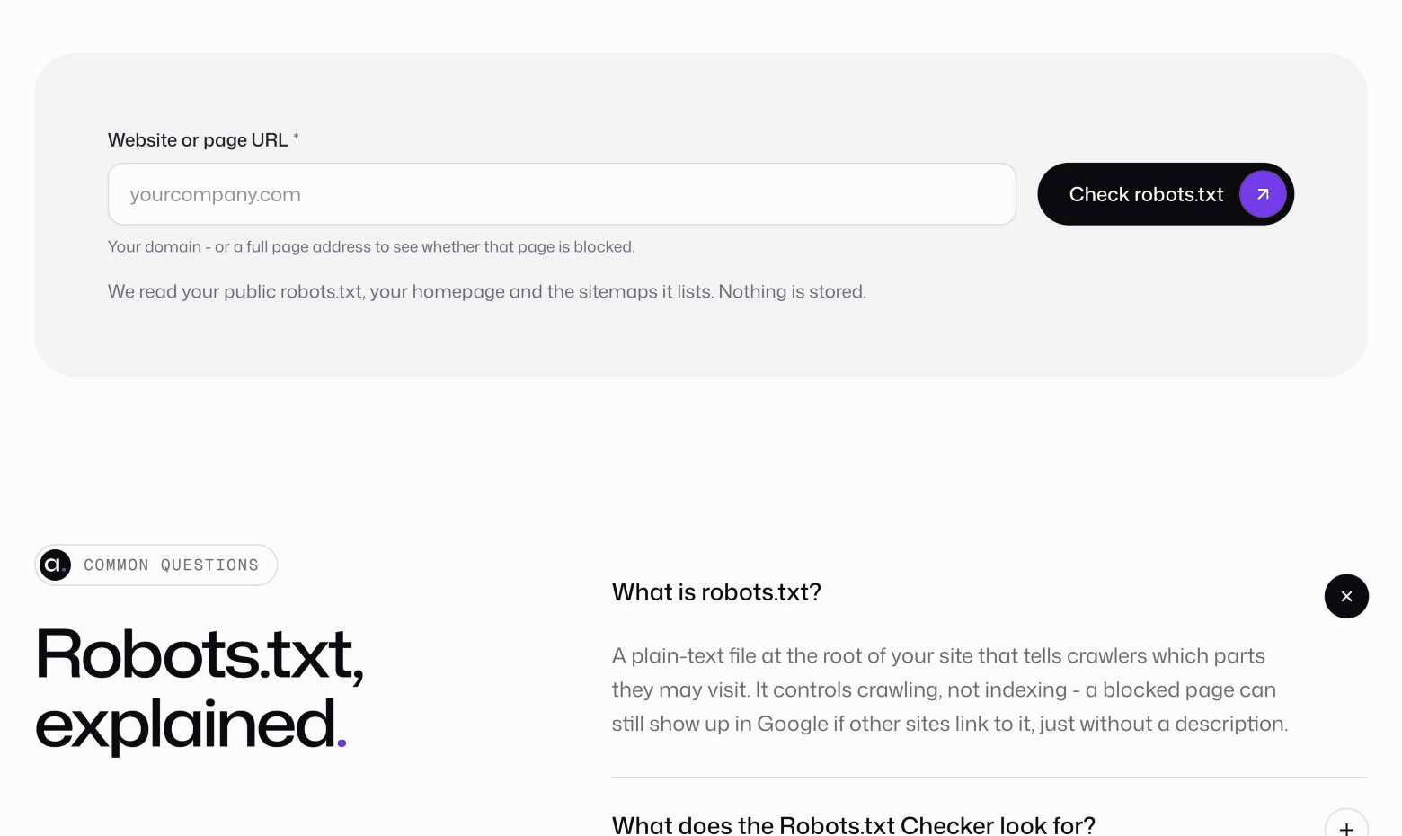 Checking a website in the Robots.txt Checker, which reports whether search engines can crawl it, which sitemaps it points to, what AI crawlers can read and whether every rule is valid