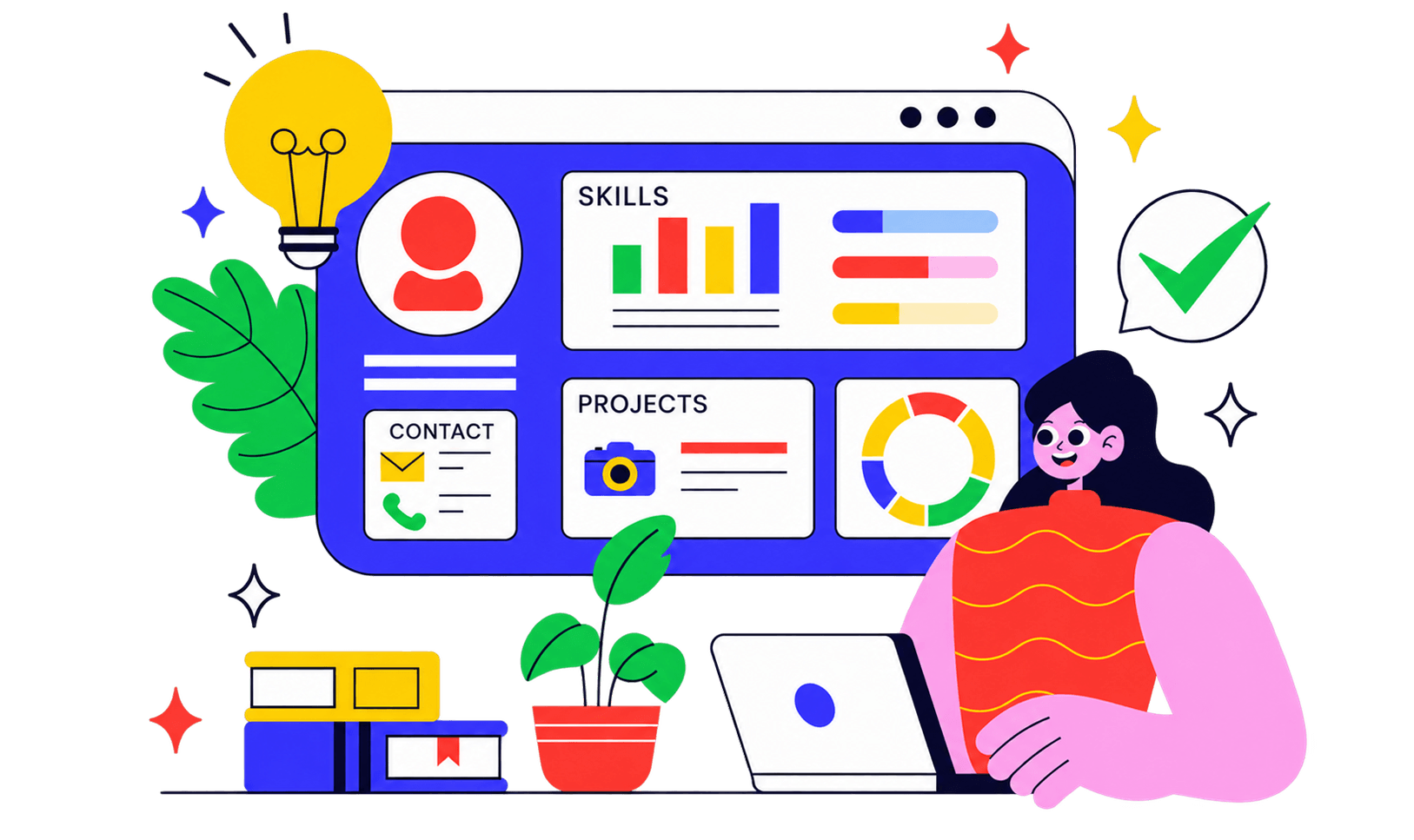 Illustration of a person at a laptop reviewing a portfolio of skills, projects and contact details