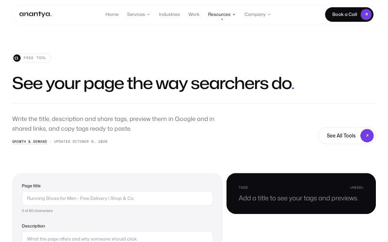 Typing a page title and description into the Meta Tag Generator, which updates the Google result and shared link previews and writes tags ready to copy