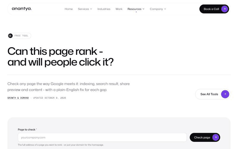 Checking a page in the Page SEO Checker, which reports on indexing, the Google result, share preview, content and mobile basics