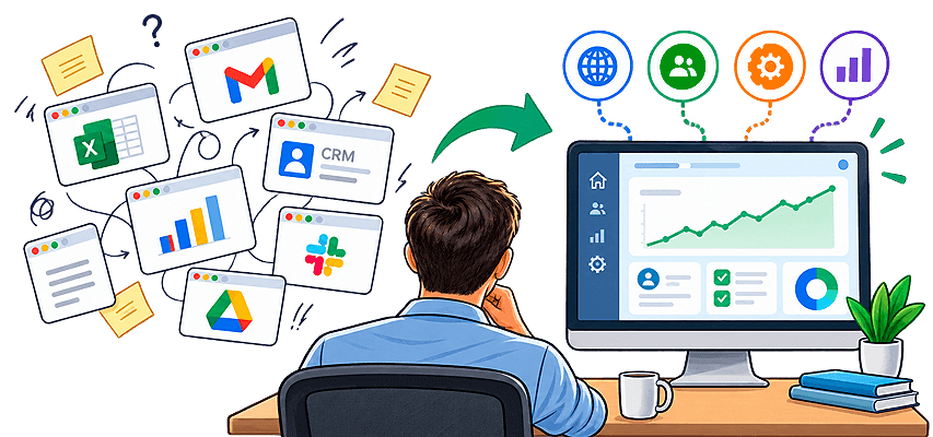 Disconnected spreadsheet, email, CRM and chat windows giving way to a single connected dashboard on one screen
