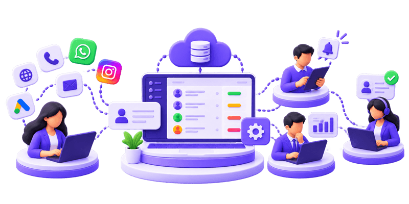Enquiries from the website, phone, email, WhatsApp, Instagram and ads flowing into one lead dashboard that the whole team can see and act on