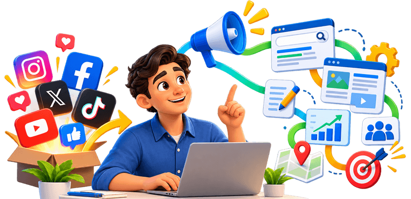 Social media icons on one side and search results, content, analytics and local listings on the other
